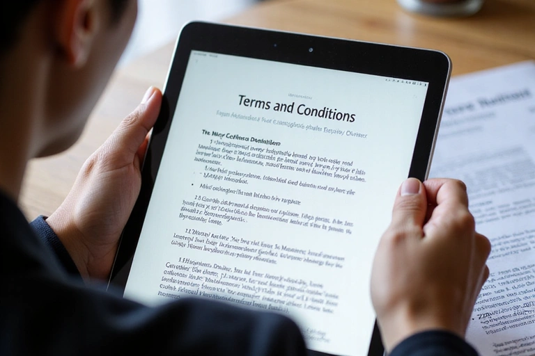 A person reading terms and conditions on a tablet, symbolizing agreement and legal compliance.